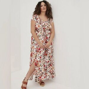 Torrid Size 1 Peasant Maxi Floral Challis Dress Pockets Front Slits Flowy Boho